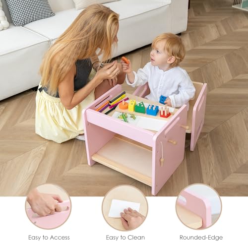 Image of Montessori Weaning Table and Chair Set, Adjustable Toddler Table, Pink | Adjustable Wooden Design for Meals, Learning, Play, and Everyday Routines
