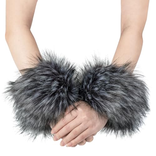Modelshow Plush Fluffy Imitation Faux Fox Fur Bracelet Wristband Sleeve Ring Cuffs Warmer (Dark Grey Raccoon)