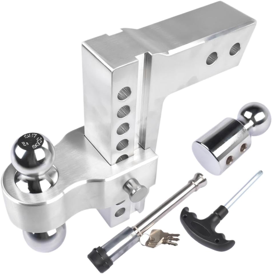 Silver 2.5 Inch Receiver 8 Inch Drop Adjustable Towing Hitch Dual Ball Mount Trailer 18500 lb Capacity Aluminum with Steel Balls