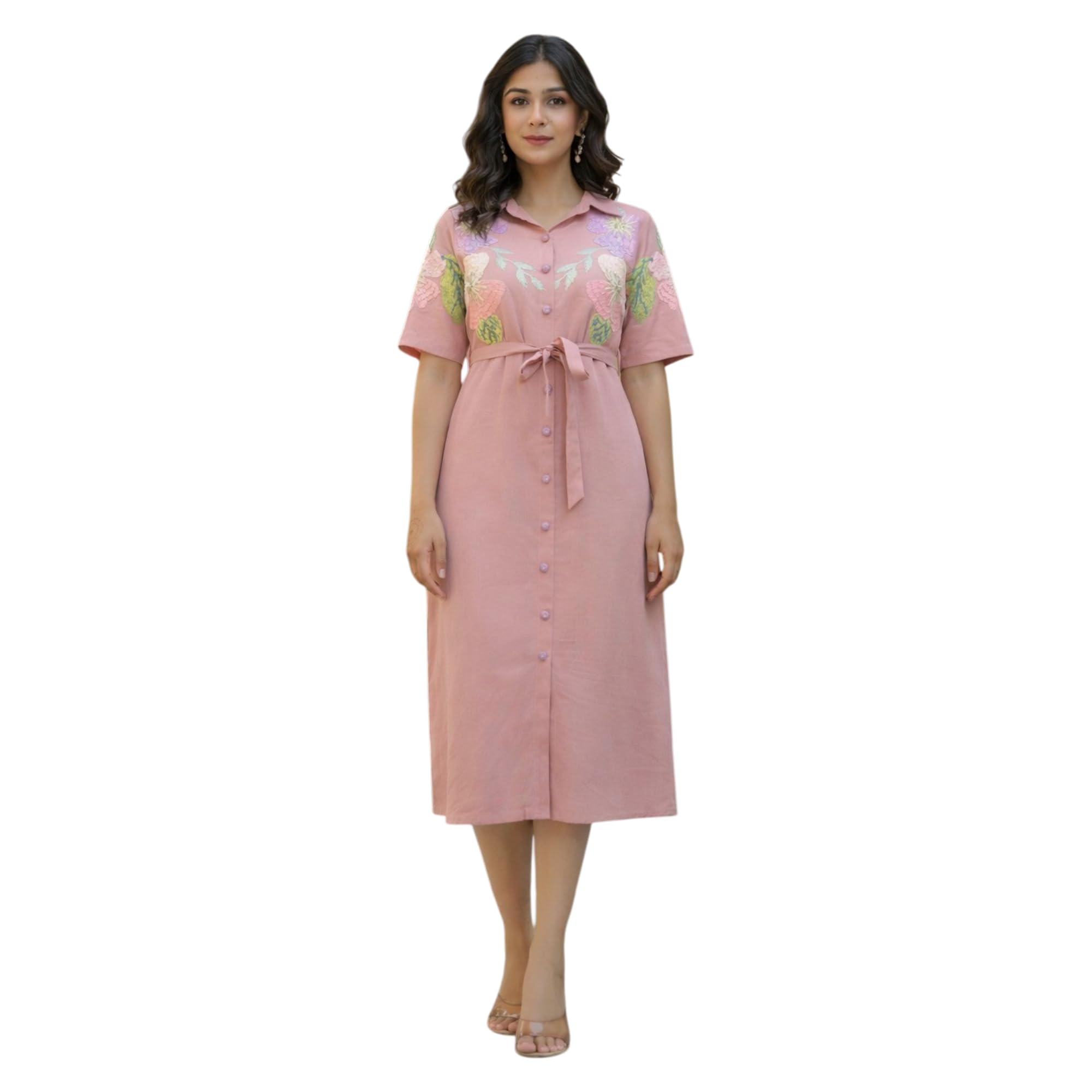 Pastel Pink Floral Embroidered Shirt Midi Dress Designer Outfit Women-image-20