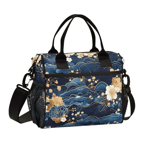 miaozhen Lonchera azul y dorada retro romántica de flores con correa para el hombro portátil para mujer, lonchera para oficina, lonchera termica para hombre