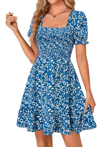 Rooscier Women's Summer Boho Floral Print Square Neck Smocked Ruffle Swing Beach Mini Dress3