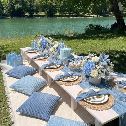 Beeveer 14 Pack Picnic Kit 91x71 Inch Extra Large Outdoor Boho Picnic Blanket with Gray Blue Table Runner, 6 Throw Pillow Cover 6 Napkin Woven Cotton Yarn Washable Beach Blanket for Camp Wedding Decor by Beeveer - Used condition - Image 4