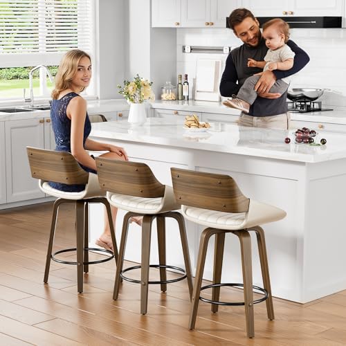 Image of YaFiti Bar Stools Set of 2, 26 inch Swivel Counter Height Barstools with Bentwood Back and Legs, Mid Century Modern Upholstered Faux Leather Counter Stools for Kitchen Island, Dining Room, Cream White