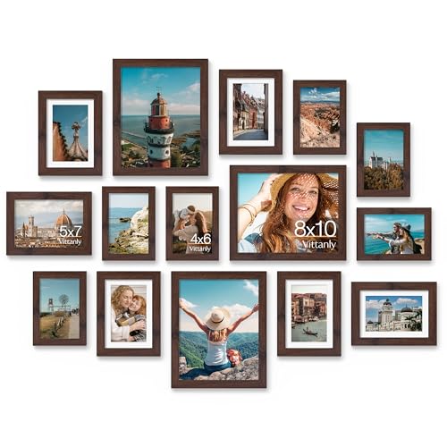 Image of Vittanly 15 Pack Picture Frames Collage Wall Decor for Mounting or Tabletop Display, Gallery Frame Set for Family, Multi Sizes Including 3pcs 8x10, 6pcs 5x7, 6pcs 4x6, Light Brown