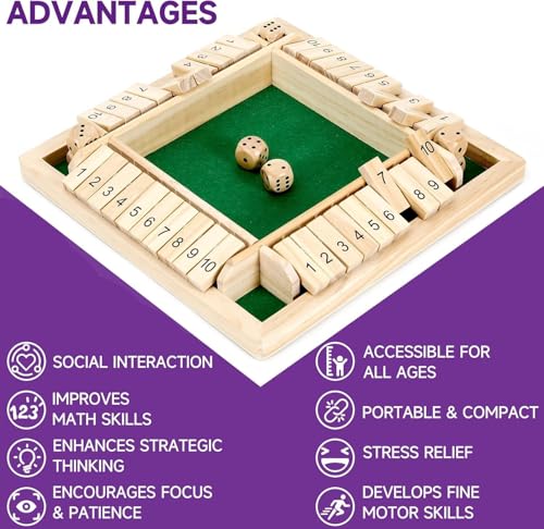 Image of Shut The Box Wooden Board Game - Classic Dice Game for 2-4 Players, Educational Math Game for Kids & Adults, Family Party Game with 2 Dice