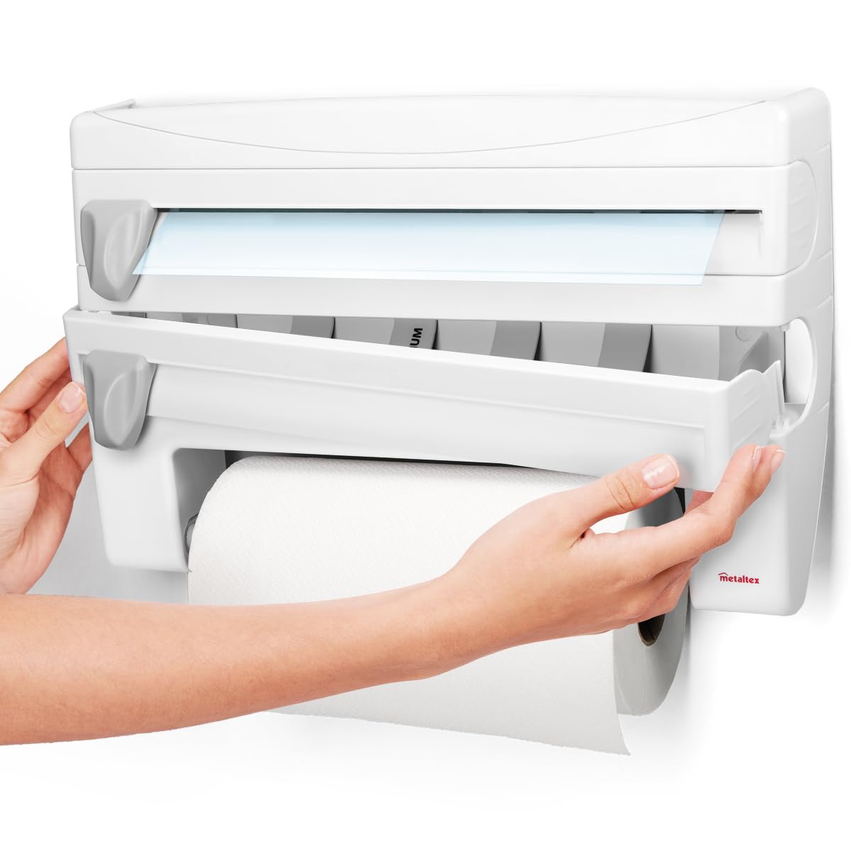 Metaltex 254410 Dispenser portarotolo da cucina Roll-n-Roll 4-in-1, bianco, 39 x 10 x 25 cm.