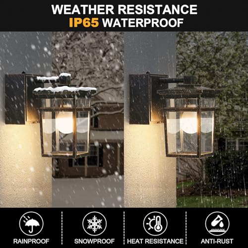 Image of Outdoor Wall Lantern, Dusk to Dawn Porch Light with GFCI Outlet & LED Bulb | Waterproof Wall Sconce with Clear Glass Shade, Outside Exterior Lights for House Garage Front Door, Black with Brushed Gold