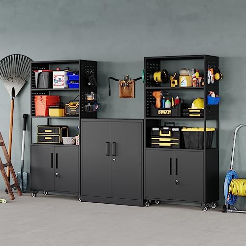 Miiiko Metal Garage Shelving Unit With Wheels, 5 Tire Rolling Shelf Cabinet With 2 Pegboards, 71" Large Metal Storage Shelves For Garage Pantry Home Office And Kitchen #TOP1