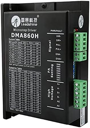 สูงสุด view of the Leadshine DMA860H Stepper Motor Driver showing the DIP switches and terminal blocks.