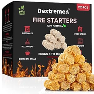 Dextreme Fire Starter 120 Pack Natural Pine Fire Starters for BBQ, Campfire, Fireplace, Charcoal, Wood Stove, Chimney, Fire Pit, Grill and Smoker | All Weather, Odorless, Non-Toxic, w/10 Min Burning Time