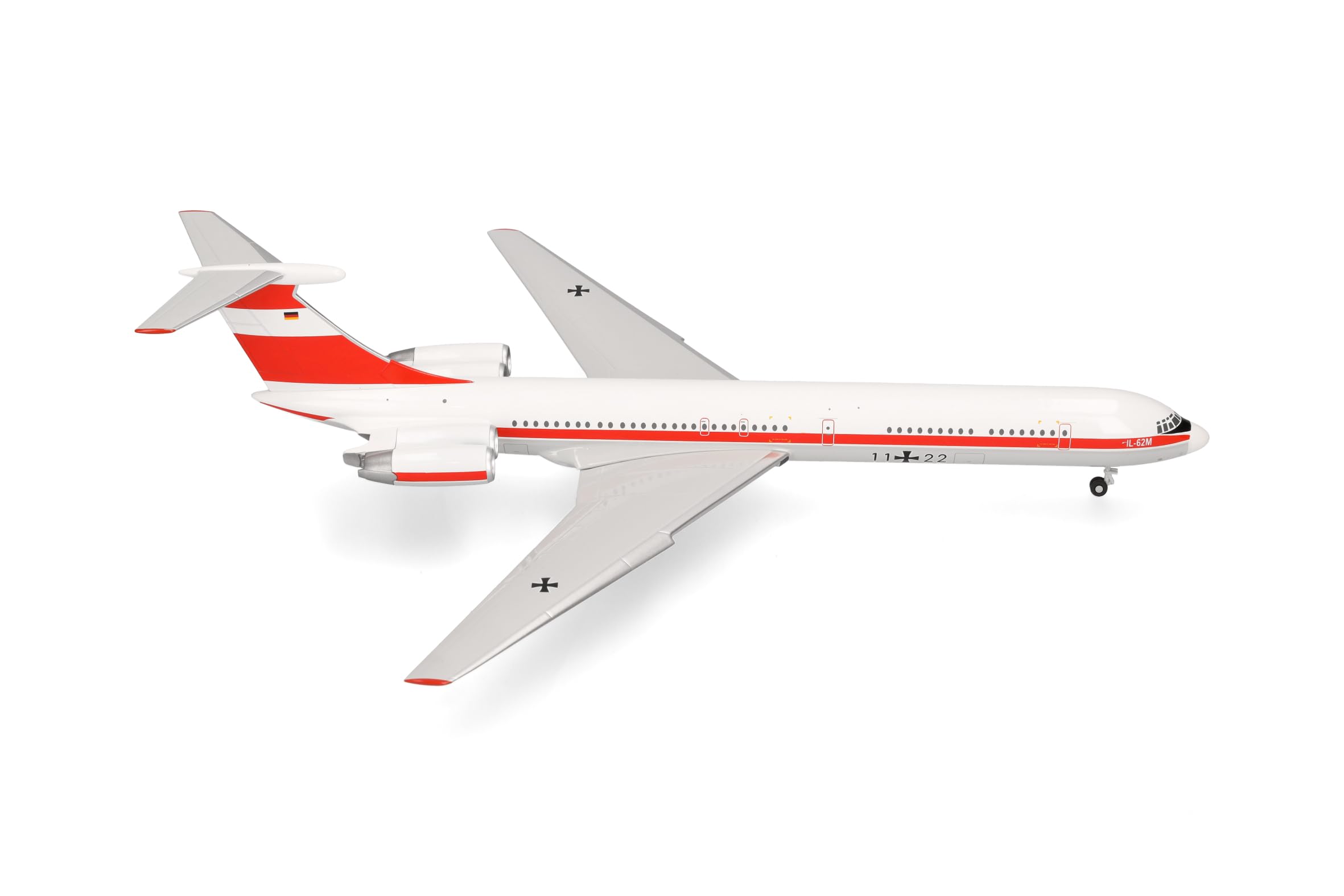 Herpa Modellflugzeug Luftwaffe Flugbereitschaft Ilyushin IL-62M, Miniatur im Maßstab 1:200, Sammlerstück, Modell ohne Standfuß, Metall