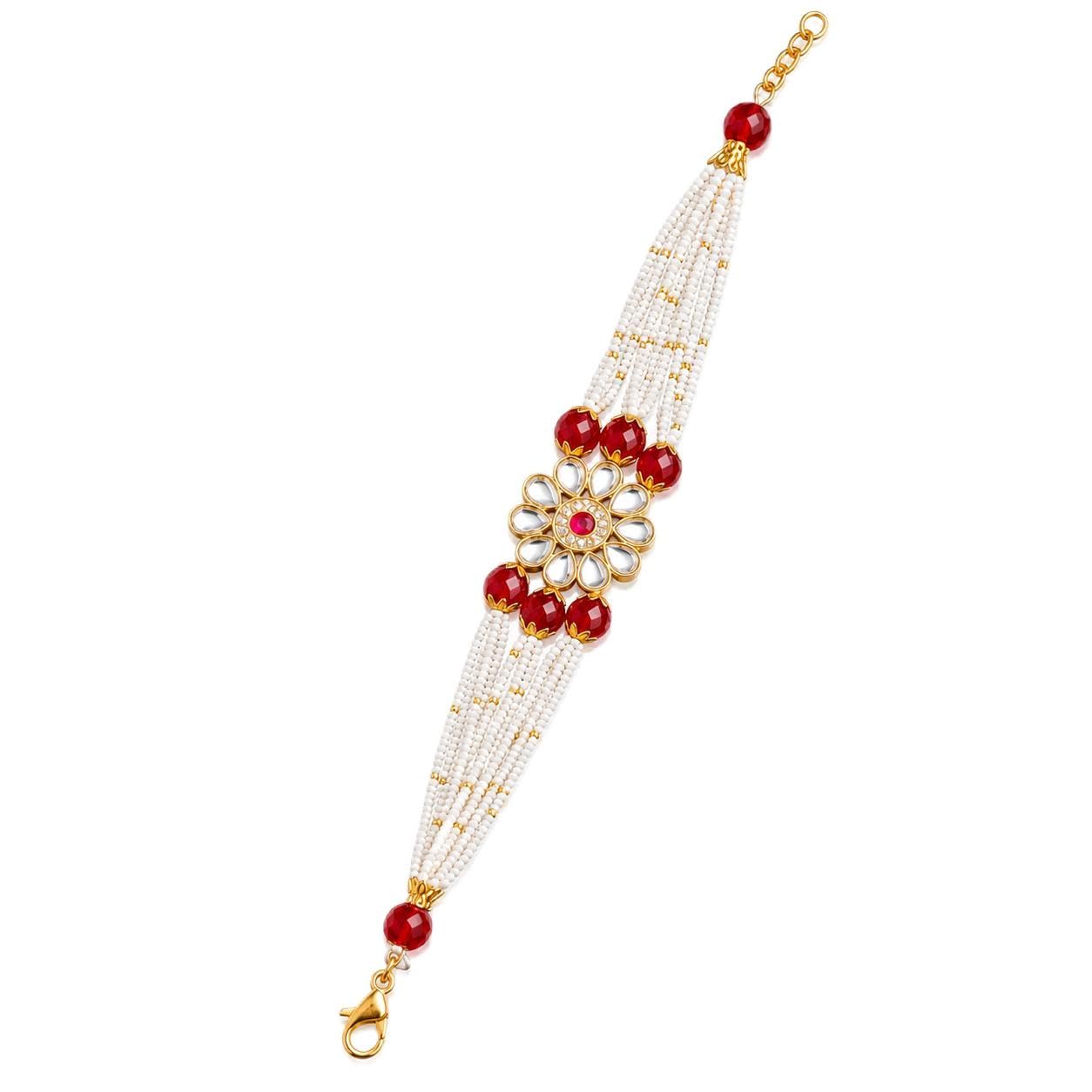 White Beaded Floral Kundan Rakhi for Brother | Designer Rakhi with Red Crystal Accents | Multi Strand Raksha Bandhan Gift-image-22