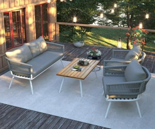 Image of 4 Outdoor Sofa Garden Balcony Sofa Patio Conversation Sofa Set with Coffee Table Wood Top for Living Room Lown Pool Rope Outdoor Chair Set-with-Wood-Table-for-Backyard(Grey)