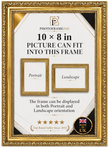 Image of Ornate gold picture frame for 10x8 inch Picture | Photo frame for wall hanging and tabletop | Perfect for Posters, Artwork and Jigsaw Puzzles.