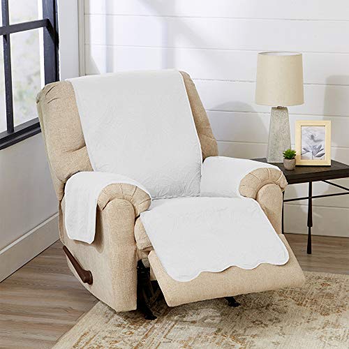 Image of Great Bay Home Reversible Recliner Cover - Washable Slipcover Furniture Protector with Elastic Straps - Perfect for Kids & Pets - Quilted & Stitched Detail (White /Sand)