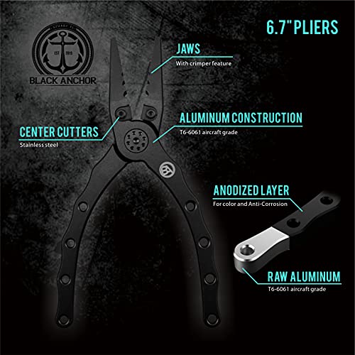 Black Anchor Aluminum Fishing Pliers 6.7" Saltwater Resistant Anodization, Mono, Fluoro & Braid Line Cutters, Nylon Sheath With Belt Loop (Black, 6.7) #TOP2