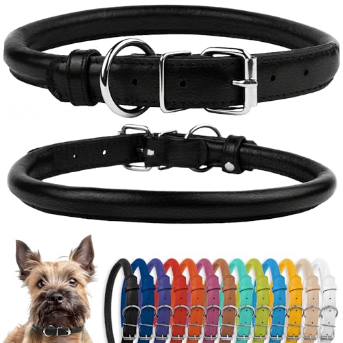 CollarDirect Collare per cani arrotolato in pelle, morbido collare rotondo imbottito per cuccioli, collare fatto a mano in vera pelle per cani piccoli collari (6-7 pollici, strutturato nero)