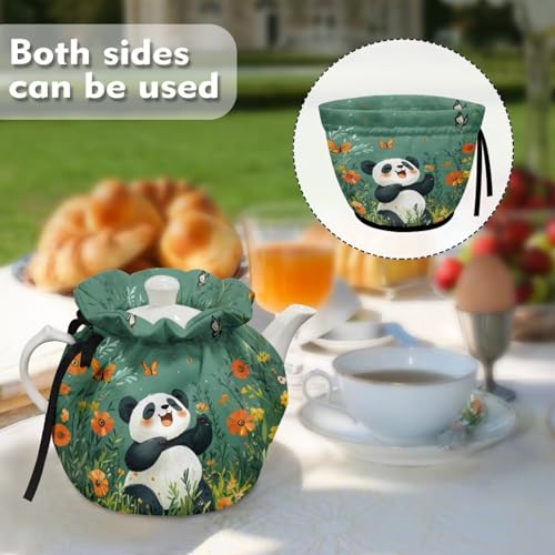 Image of Panda Butterfly Flower Print Tea Cosy for Teapot Insulated Portable Tea Kettle Cozy Theme Teapot Insulation Cover with Drawstring Breakfast Warmer 6.1x6.1x6.9 Inch