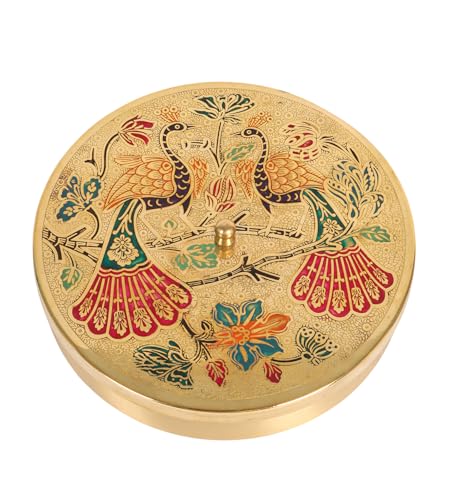 Image of Two Moustaches 8 Inches Twin Peacock Carved Brass Spices Box Set, Brass Masala Box for Kitchen, Housewarming Gifts, 7 Containers & 1 Spoon, Multicolored, Pack of 1
