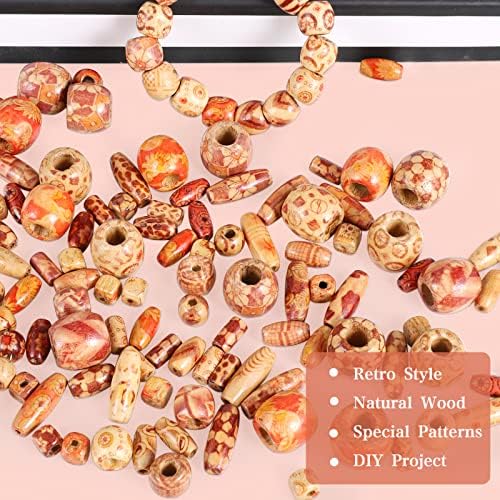 300 Pcs Printed Wooden Beads, Natural Barrel Wooden Beads, Assorted Pattern Macrame Beads Large Hole, Various Shapes Loose Wood Beads for Craft Jewelry Making Beadings DIY Hair Decoration