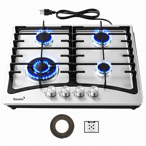 Image of Ranein 24 Inch 4 Burner Gas Cooktop, NG /LPG Convertible Gas Stove Top, 304 Stainless Steel with Thermocouple Flameout Protection for Kitchens, Apartments, RVs