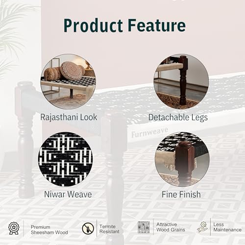 Image of Solid Sheesham Wood Charpai Khat Bed | Wooden Khatiya Charpai Desi | Handcrafted Khatiya Bed with Cotton Rope | Strong Khat for Indoor & Outdoor Use | 6X3 Feet | Black and White
