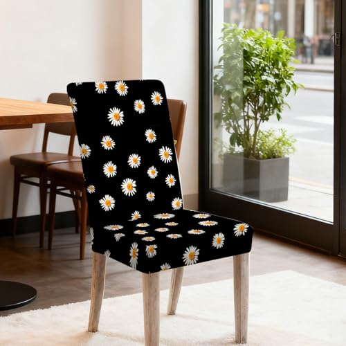 Image of Nuxovilar 4PCS White Daisy Black Background Stretch Chair Covers | Stretch Slipcover Furniture Protector Daisy Wrap Seat Guard Dining Room Kitchen Cafe House (White Daisy Pattern)