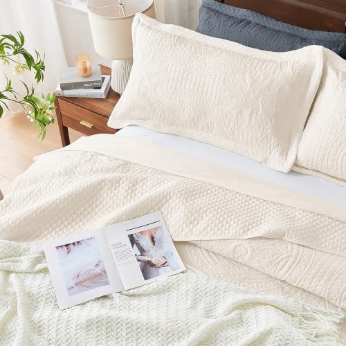 Image of Qucover Queen Bedspread Medallion Quilt Bedding Set 3 Piece Light Beige
