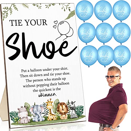 Roowest 51 Pcs Tie Your Shoe Baby Shower Game Woodland Safari Sign 50 Latex Balloons Gender Reveal Party Favors Jungle Baby Shower for Boys Girls(Blue)
