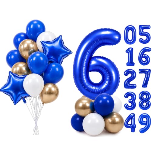 Image of PartyWoo Royal Blue Number 6 Balloon 40 Inch 25pcs Blue Star White Gold