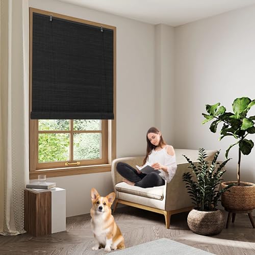 竹すだれ目隠し 竹製ローラーブラインド 60 x 120 cm 室内遮光遮熱目隠し風通簾すだれ巻上タイプお手入が簡単キッチン/バルコニ/庭用, ブラック