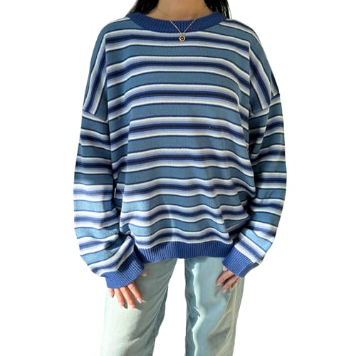 Image of Women Vintage Striped Pullover Sweater Y2k Long Sleeve Crew Neck Loose Knit Sweaters Fall Winter Knitwear