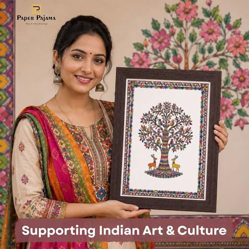 Image of PAPER PAJAMA Tree of Life Wall Art for Living Room | Madhubani Bird & Deer Painting | Traditional Mithila Folk Artwork Framed Home Decor for Bedroom, Office & Hall (10x13 Inches)