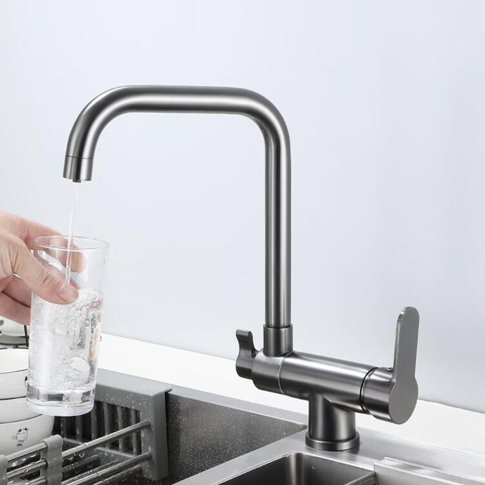 Küchenarmatur 3 Wege, Wasserhahn Küche Klappbar Vorfenster, 360° Schwenkbar 2 Griffe Messing Spültischarmatur 3 Wege-Grau