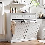 IFBUY Double Tilt Out Laundry Hamper Cabinet, 20 Gallon Farmhouse Trash Can Cabinet with Drawer, Hidden Wood Garbage Can Bin Cabinets with Laundry Storage Basket for Bathroom, Kitchen (Antique White)