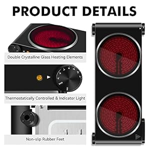 CUSIMAX Double Burner, 1800W Electric Burner Ceramic Hot Plate for Cooking, Dual Control Infrared Burner, Glass Plate Electric Cooktop, Stainless Steel-Upgraded Version CUSIMAX Double Burner 1800W Electric Burner Ceramic Hot Plate for Cooking Dual Control Infrared Burner Glass Plate Electric Cooktop Stainless Steel Upgraded Version