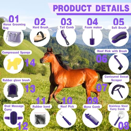 Abbylike 15 Pieces Horse Grooming Kit with Organizer Tote Bag Tack Room Supplies Horse Brush Sets Care Equine Cleaning Kit Shedding Grooming Massaging Tools(Purple and Grey) - Image 3