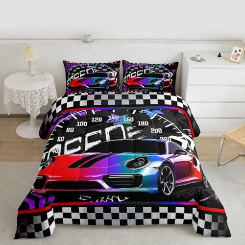 Image of Feelyou Purple Race Car Bedding Set - Queen Size Comforter Set with 2 Pillowcases, Geometric Checkered Pattern, Inner Fill Duvet Set