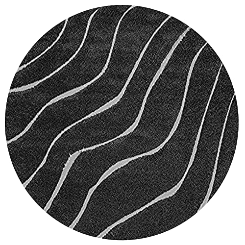 Image of Textured Wave Round Shaggy Carpet for Living Room, Bedroom, High Low Design Finish Microfiber 1.8 Inch Pile High, 8x8 Feet Black Ivory Color