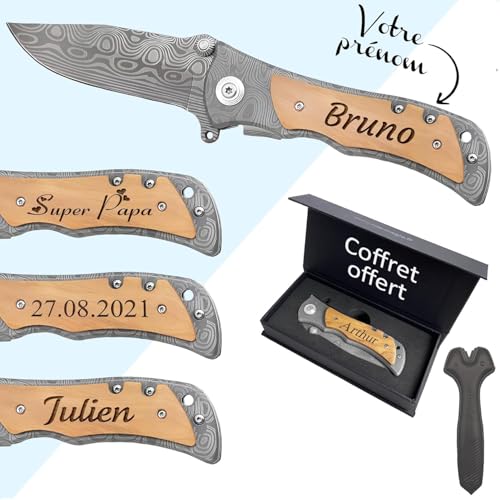KDO MAGIC - Couteau de survie personnalisé - Prénom gravé - Deux modèles de couteau - Manche en bois personnalisable - Lame de sécurité - Idée cadeau...