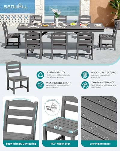 Image of SERWALL 9 Piece 84 inch HDPE Outdoor Dining Set for 8 with Armless Chairs and Umbrelle Hole, Gray