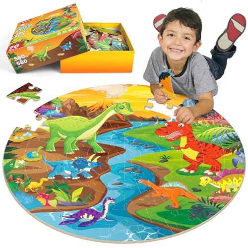 SYNARRY Große Dinosaurier Bodenpuzzle für Kinder ab 3 4 5 6 7 8 Jahren 70 Teile Kinderpuzzle Dino Holz Lernspielzeug Geschenk für Jungen Mädchen