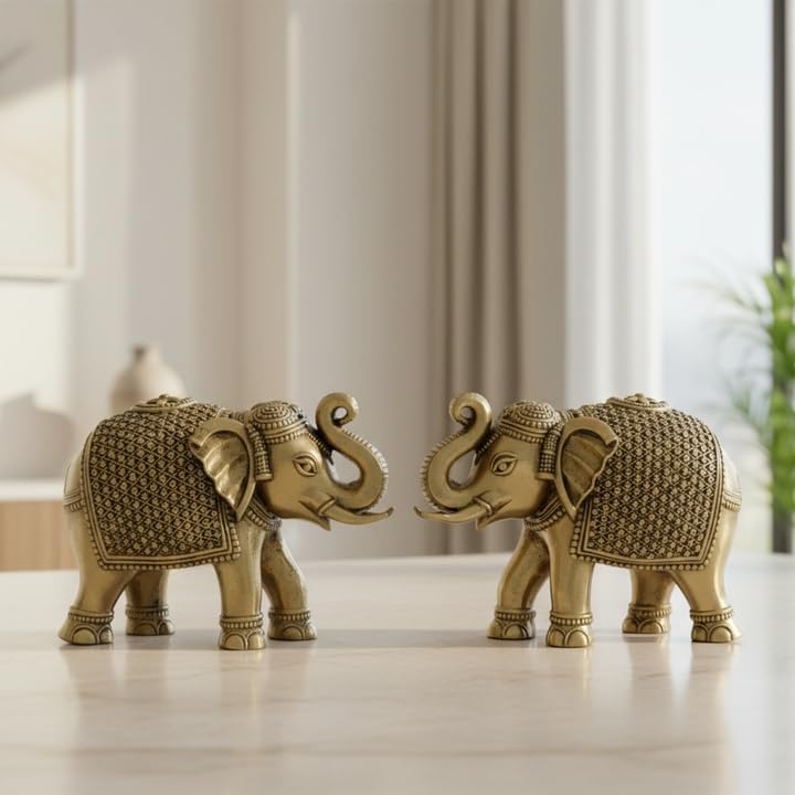 Image of eCraftIndia Set of 2 Brass Elephant Statue Decorative Showpiece Gift for Diwali Housewarming Birthday | Elephant showpiece for Home Decor