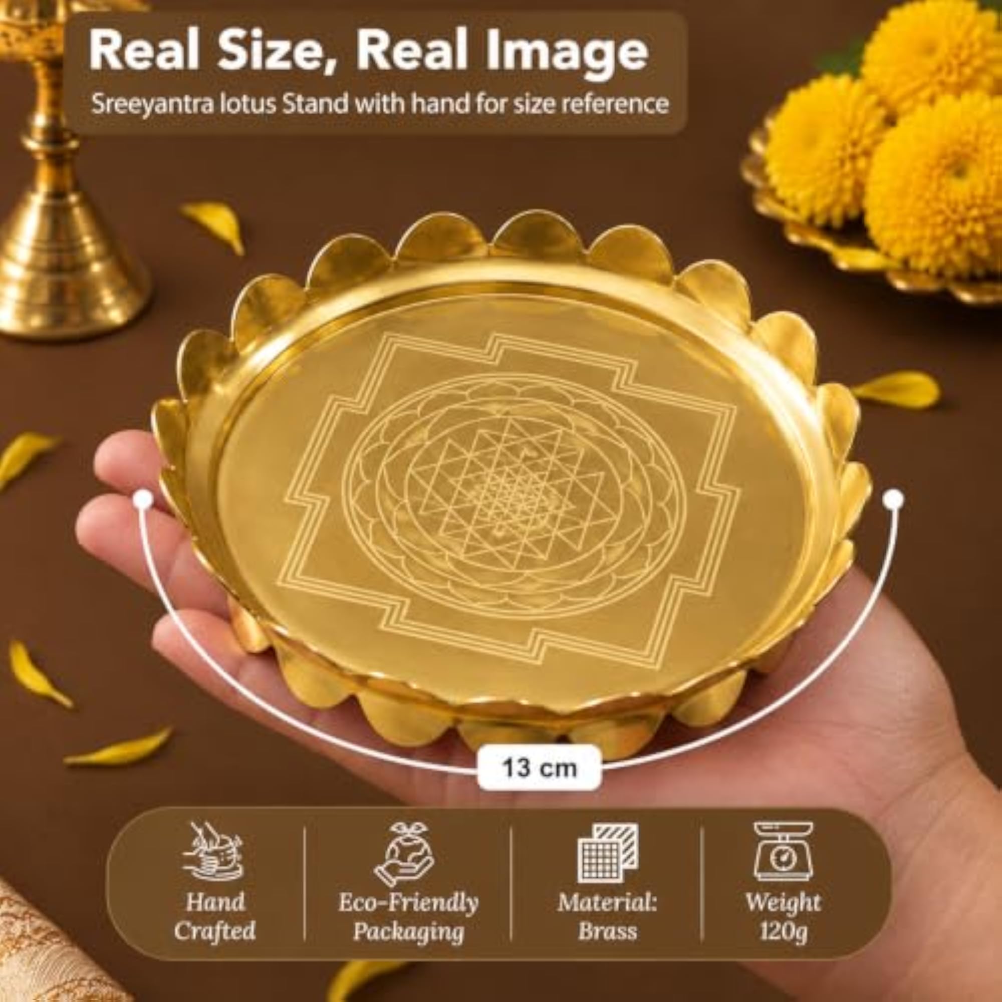 100% Pure Brass Shree Yantra Lotus Bowl Plate Stand