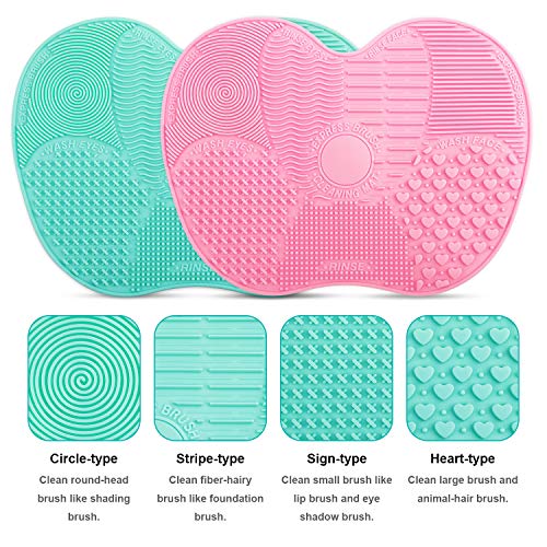 Makeup Brush Cleaning Mat, Easkep Silicone Cleaner Pad Portable Washing Tool Scrubber with Suction Cup Set of 2 Cosmetic (Green+Pink) - Thumbnail 2