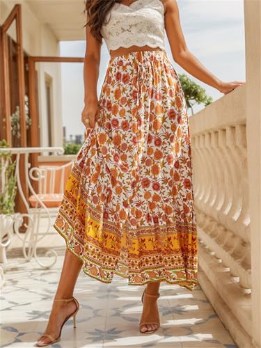 Women's Boho Floral Long Maxi Skirt Casual Summer Pleated Elastic High Waist Split Vacation Skirts3