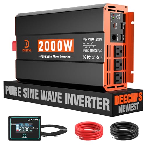Image of 2000 Watt Pure Sine Wave Inverter 12V DC to 110V/120V AC Converter for RV/Truck/Home/Off-Grid Solar Car Power Inverter for Vehicles with 3 AC, 2 USB & 1 Type-C Ports, Remote Controller Cable Included