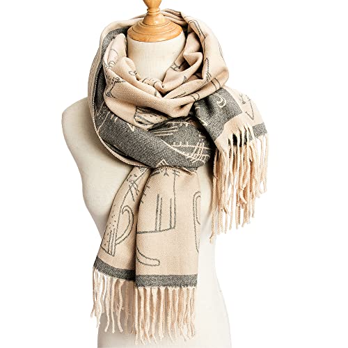 Women's Fringed Scarf Cat Print Pattern Cape Winter Cashmere Feel Shawl Warm Wrap Grey and Beige3