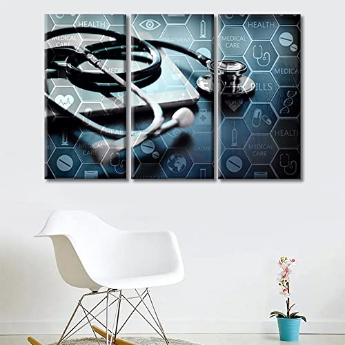 Image of TUMOVO 3 Panel Poster Medical Network Black and White Wall Art Medicine Concept with Modern Laptop Pictures Wall Decor for Living Room Medical Wall Decor for Bedroom Framed Ready to Hang (36 inch Wx24 H)